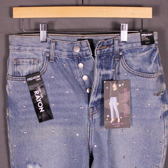 NWT Simple Society Y2K Crystal Destroyed‎ High Rise Straight Jeans 5/27 Festival - Picture 9 of 14